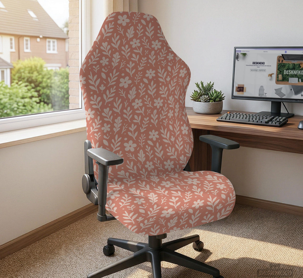 Pink chair cover with a botanical floral print shown on an office chair, with matching armrest covers and multiple cover style options.