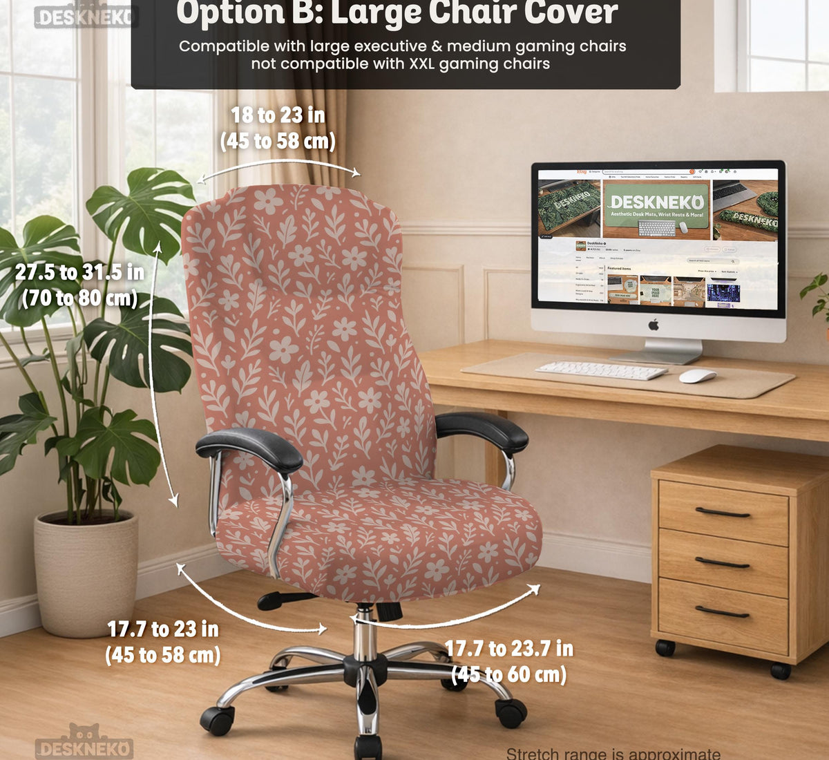 Pink chair cover with a botanical floral print shown on an office chair, with matching armrest covers and multiple cover style options.