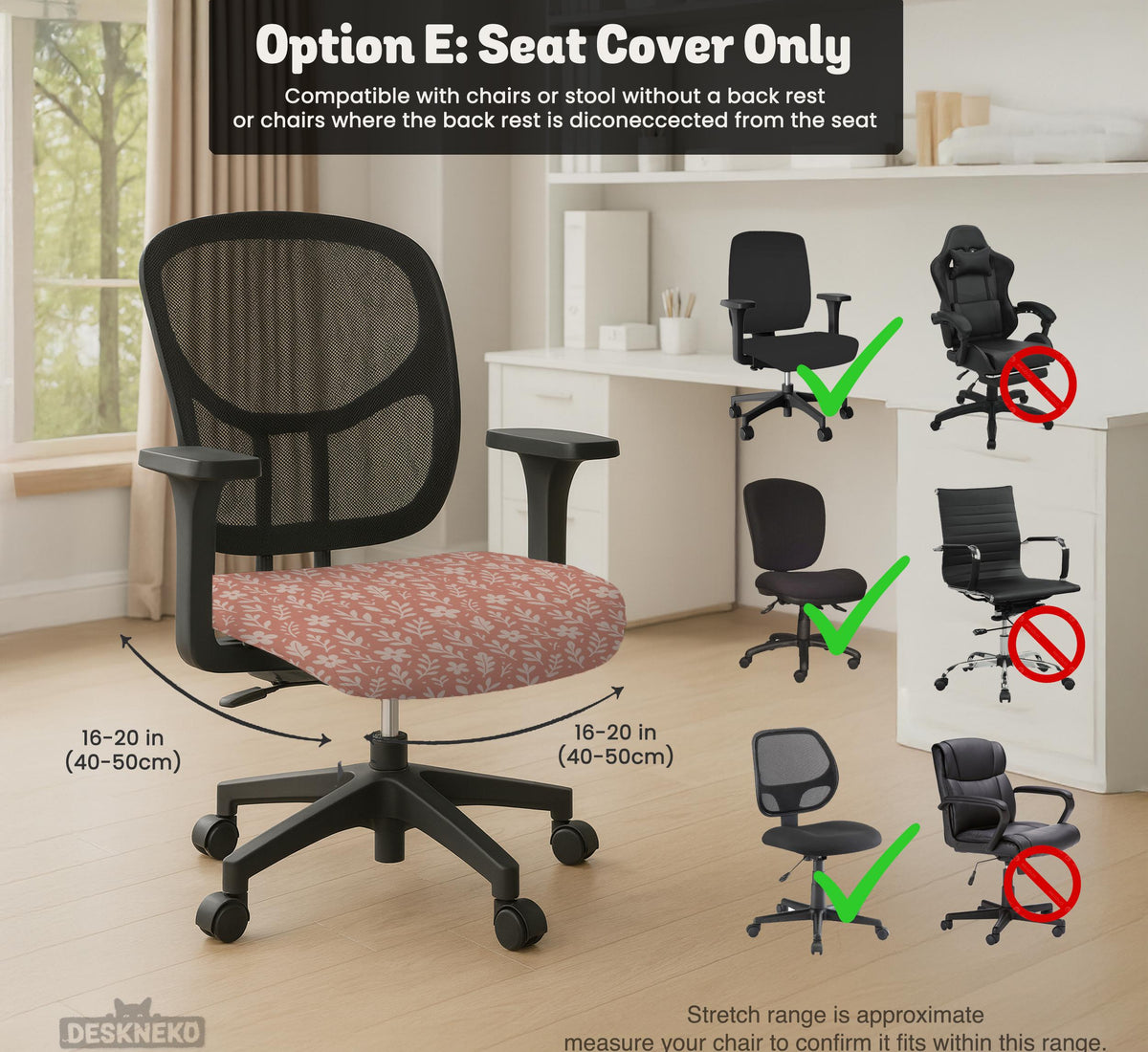 Pink chair cover with a botanical floral print shown on an office chair, with matching armrest covers and multiple cover style options.