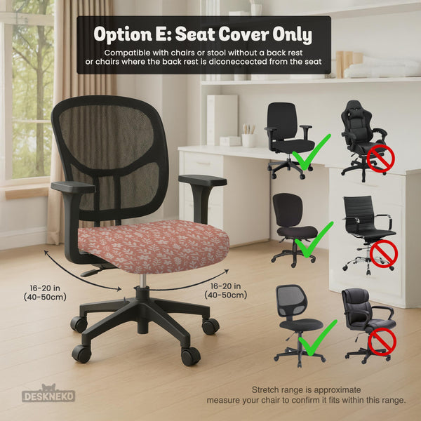 Pink chair cover with a botanical floral print shown on an office chair, with matching armrest covers and multiple cover style options.
