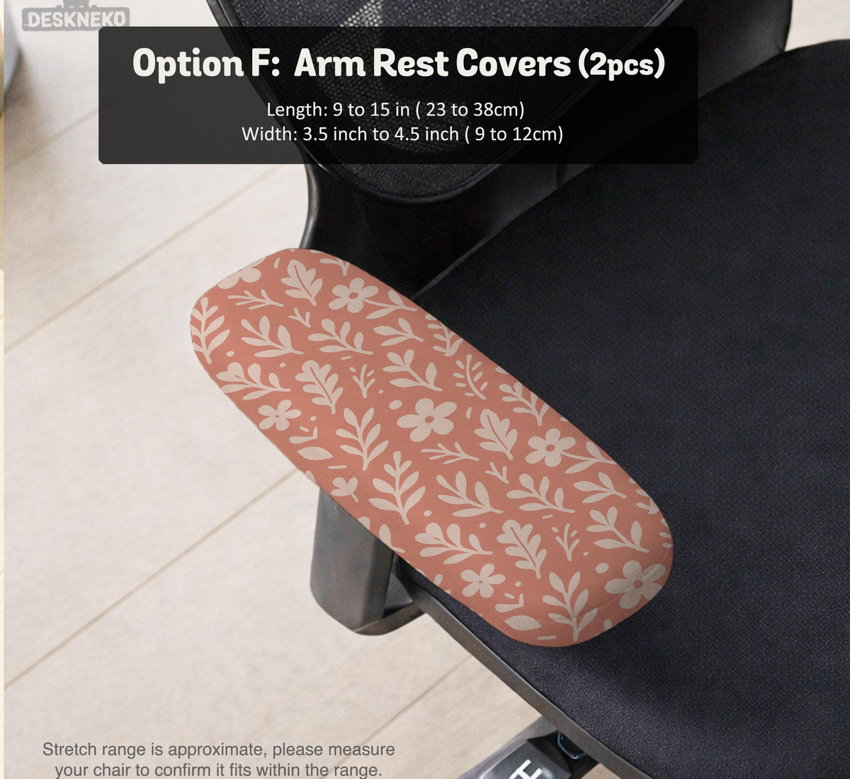 Pink chair cover with a botanical floral print shown on an office chair, with matching armrest covers and multiple cover style options.