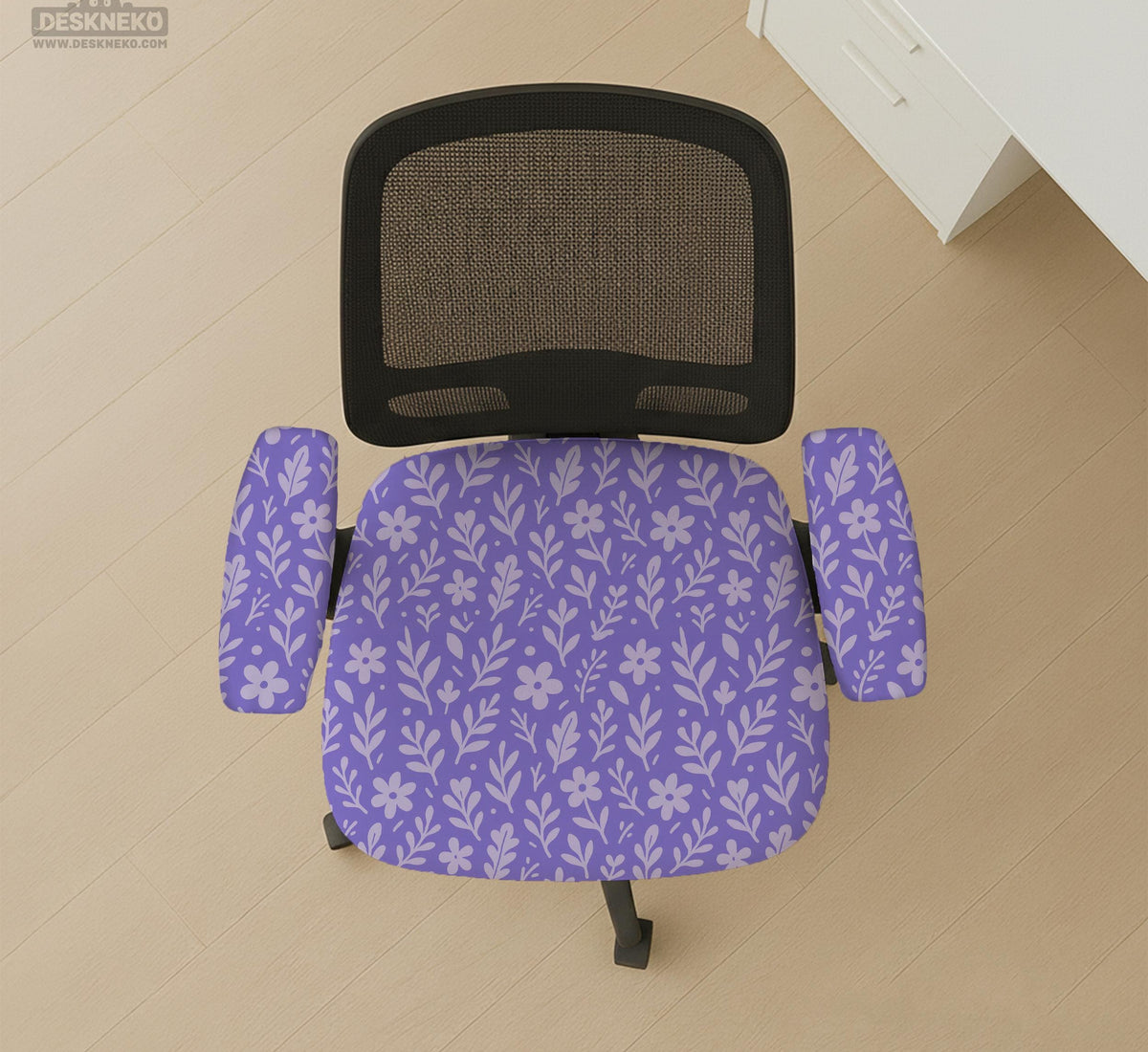 Purple desk chair cover with a botanical floral pattern shown in multiple slipcover options for full chair, back and seat, seat-only, and armrest-only coverage.