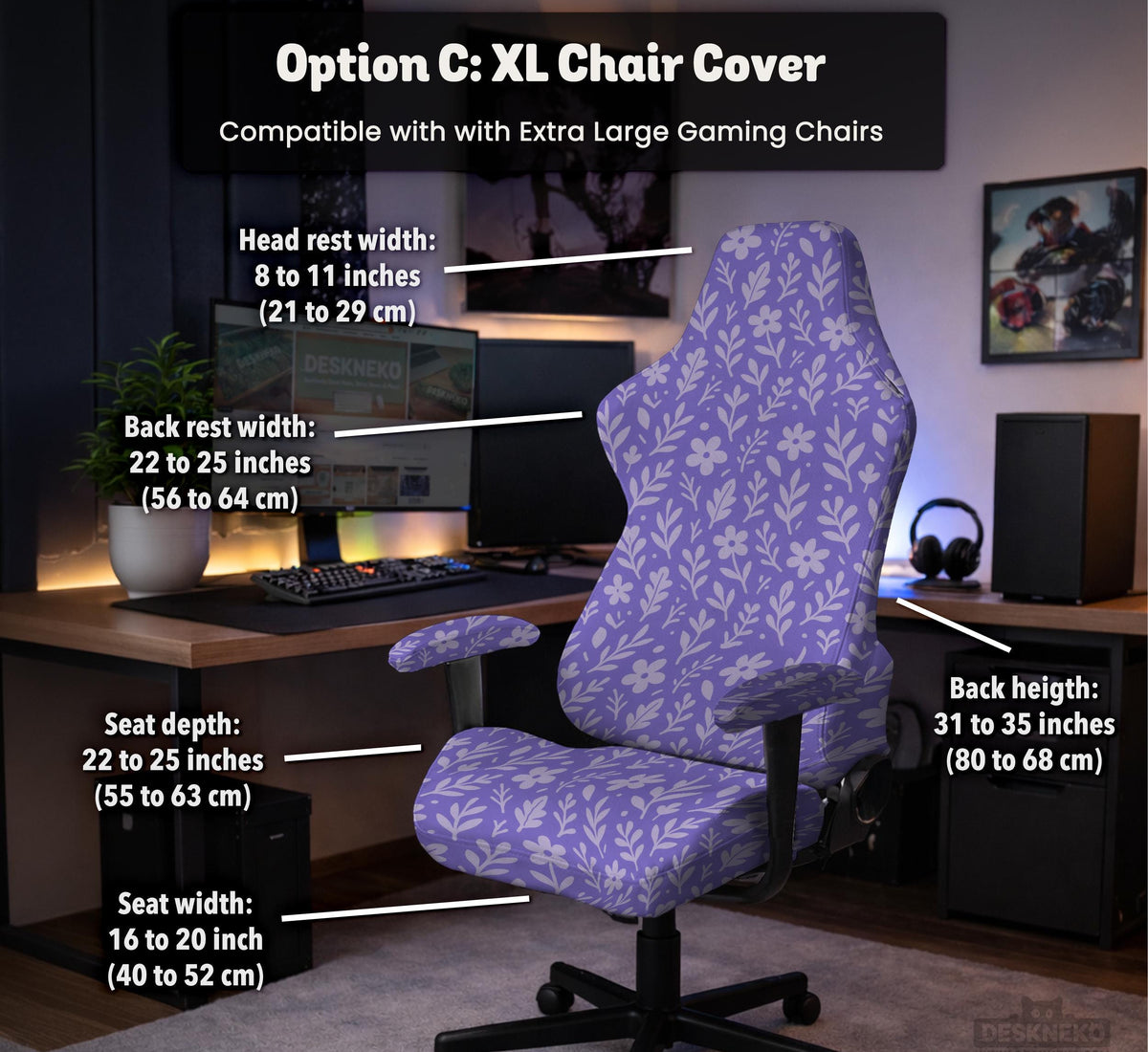 Purple desk chair cover with a botanical floral pattern shown in multiple slipcover options for full chair, back and seat, seat-only, and armrest-only coverage.