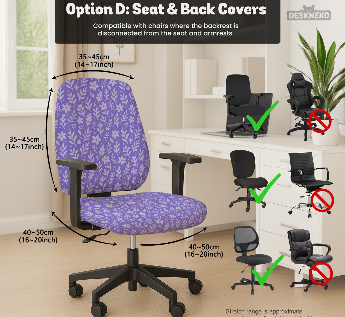 Purple desk chair cover with a botanical floral pattern shown in multiple slipcover options for full chair, back and seat, seat-only, and armrest-only coverage.