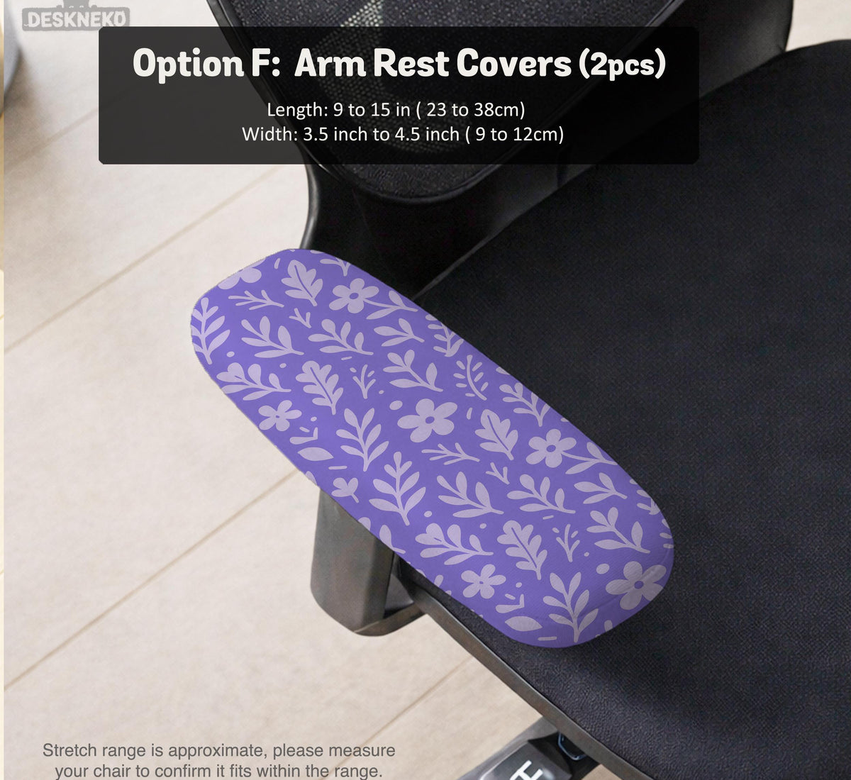 Purple desk chair cover with a botanical floral pattern shown in multiple slipcover options for full chair, back and seat, seat-only, and armrest-only coverage.