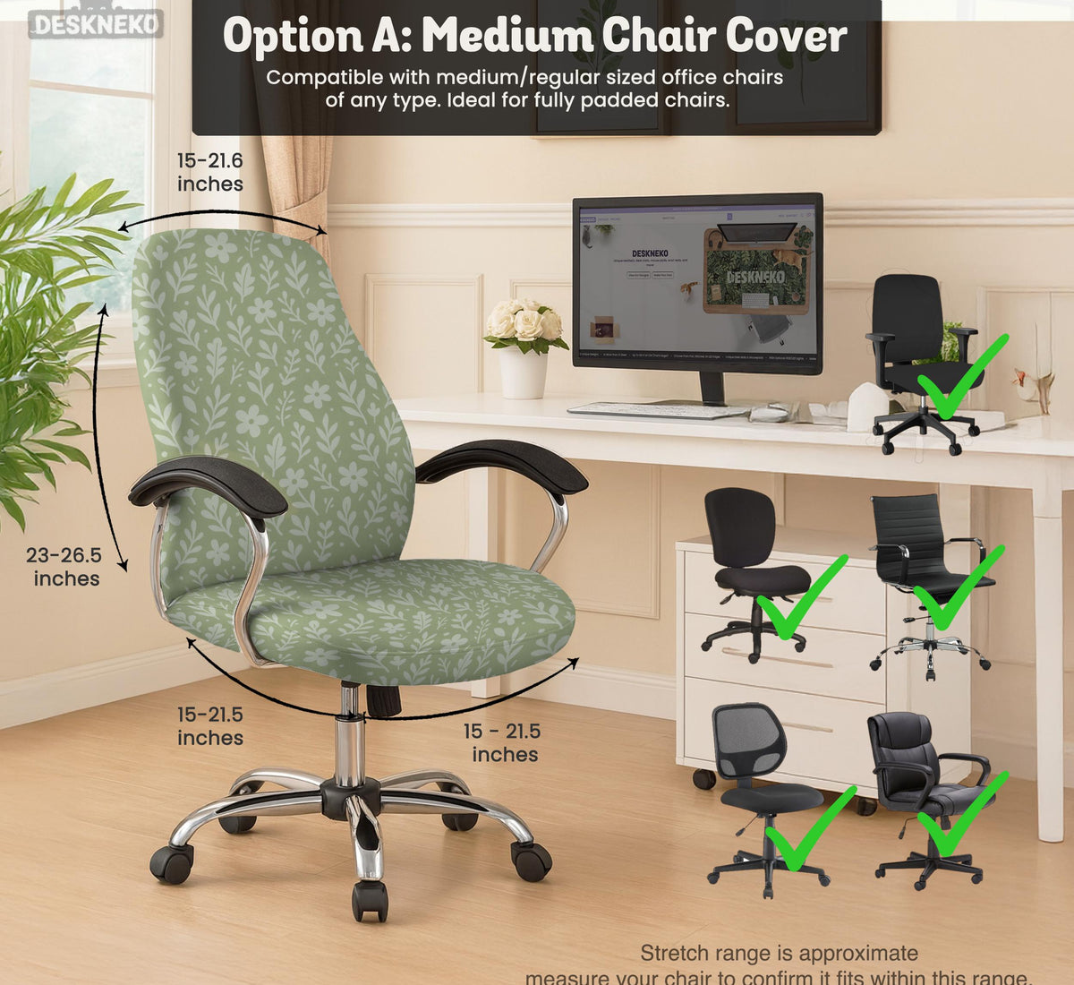 Sage green desk chair cover with a small floral and leaf print shown on an office chair.