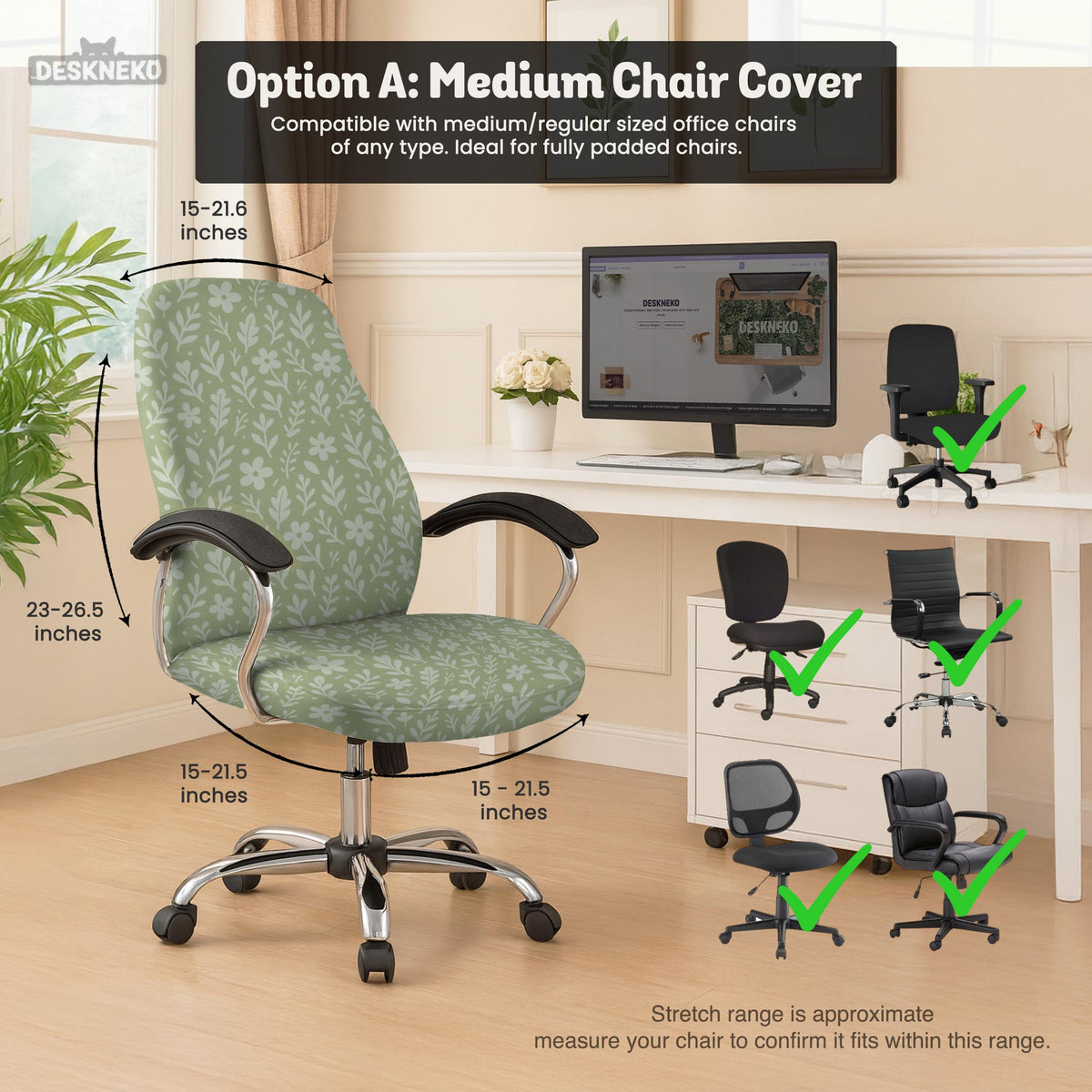 Sage green desk chair cover with a small floral and leaf print shown on an office chair.