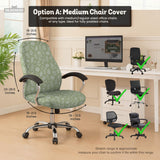 Sage green desk chair cover with a small floral and leaf print shown on an office chair.