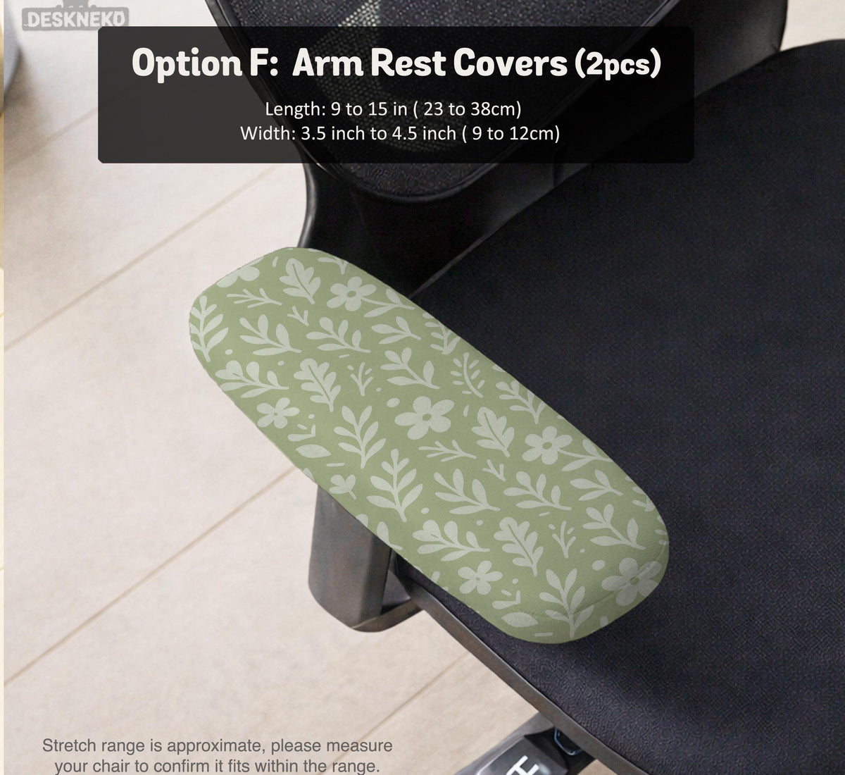 Sage green desk chair cover with a small floral and leaf print shown on an office chair.