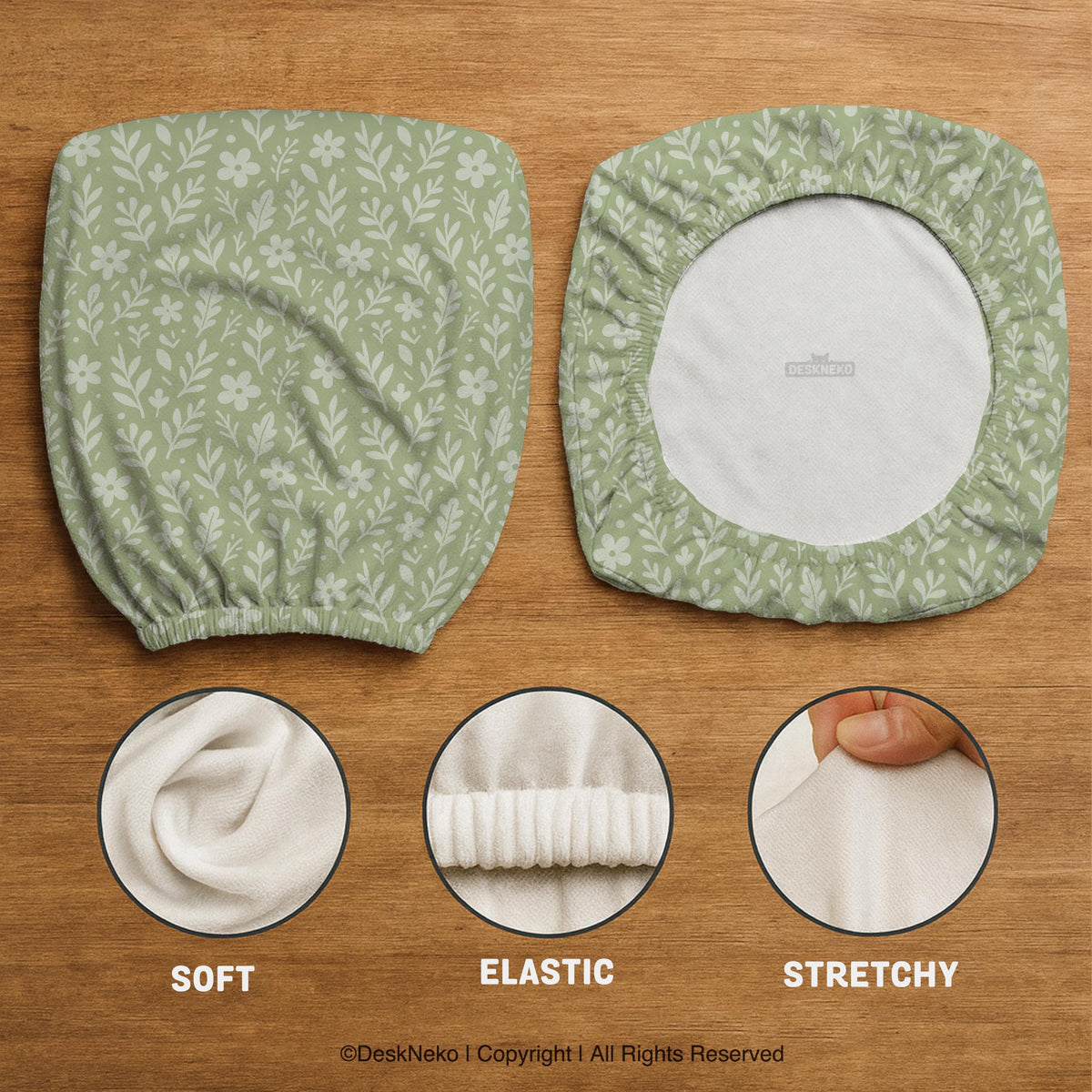 Sage green desk chair cover with a small floral and leaf print shown on an office chair.