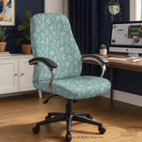 Sage and aqua green floral chair cover shown on a gaming chair with matching armrest covers.