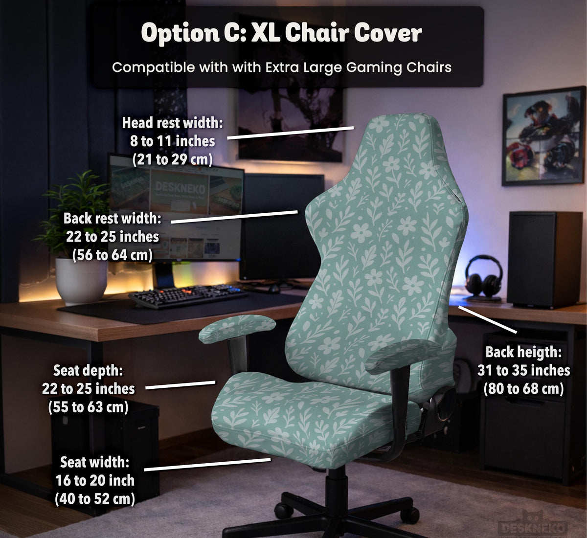Sage and aqua green floral chair cover shown on a gaming chair with matching armrest covers.