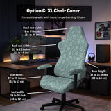 Mint and white botanical desk chair cover with a floral leaf pattern shown on an office chair.