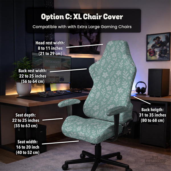Mint and white botanical desk chair cover with a floral leaf pattern shown on an office chair.