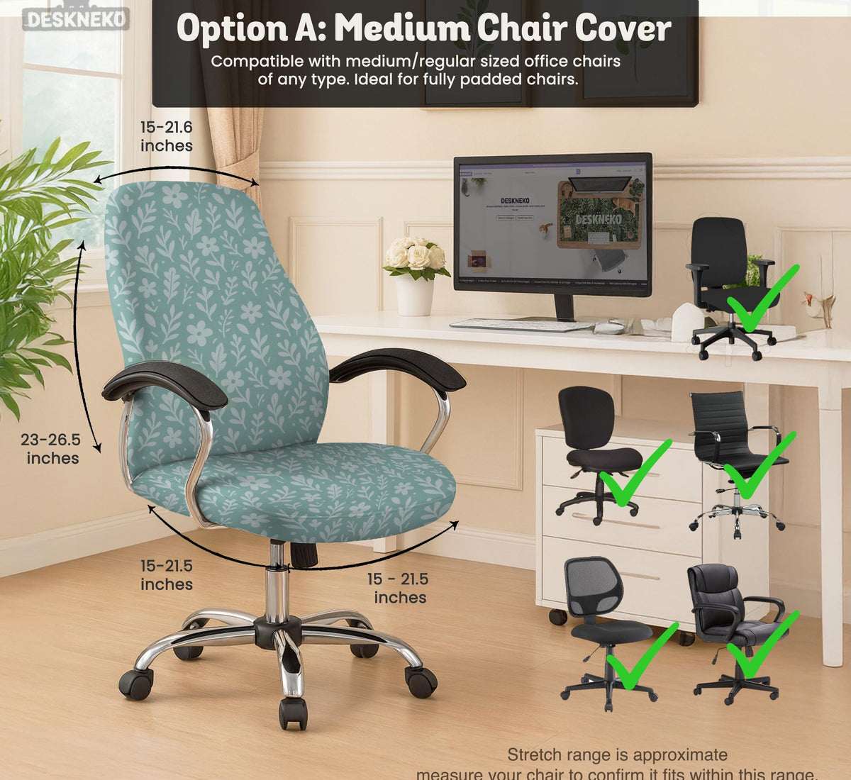 Sage and aqua green floral chair cover shown on a gaming chair with matching armrest covers.