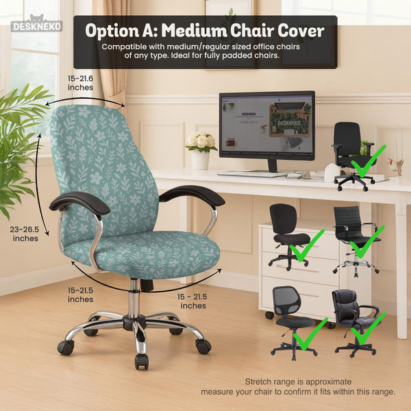 Sage and aqua green floral chair cover shown on a gaming chair with matching armrest covers.