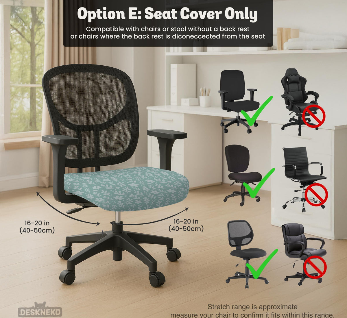 Mint and white botanical desk chair cover with a floral leaf pattern shown on an office chair.