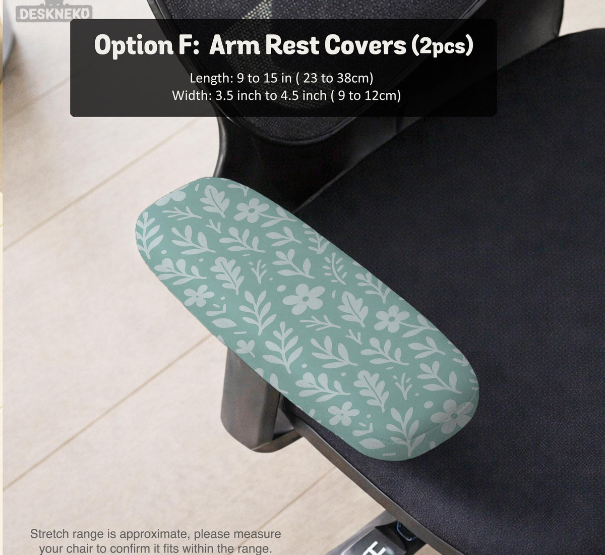 Sage and aqua green floral chair cover shown on a gaming chair with matching armrest covers.