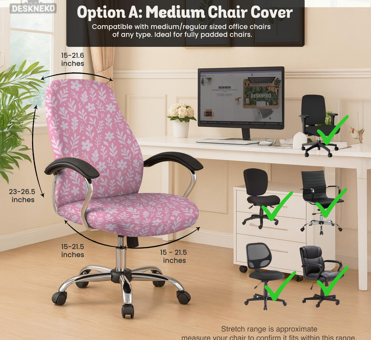 Soft pink floral chair cover shown on a gaming chair with a high back and armrests.
