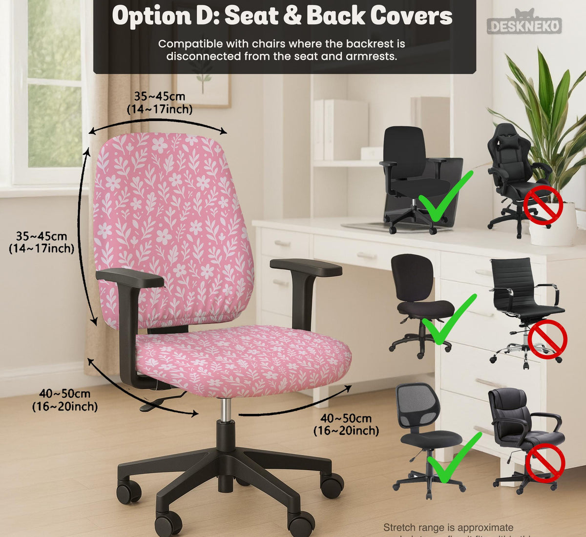 Soft pink floral chair cover shown on a gaming chair with a high back and armrests.