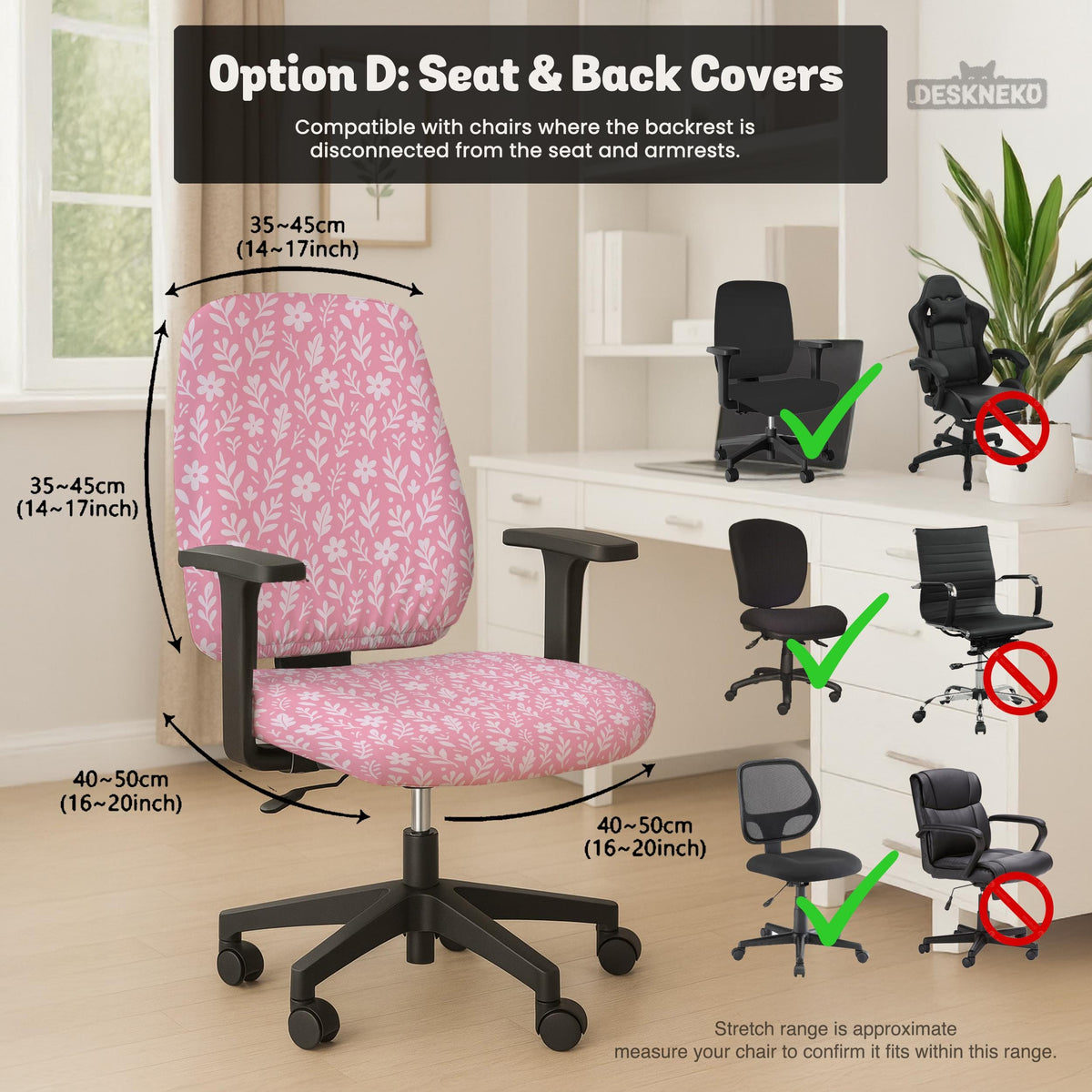 Soft pink floral chair cover shown on a gaming chair with a high back and armrests.