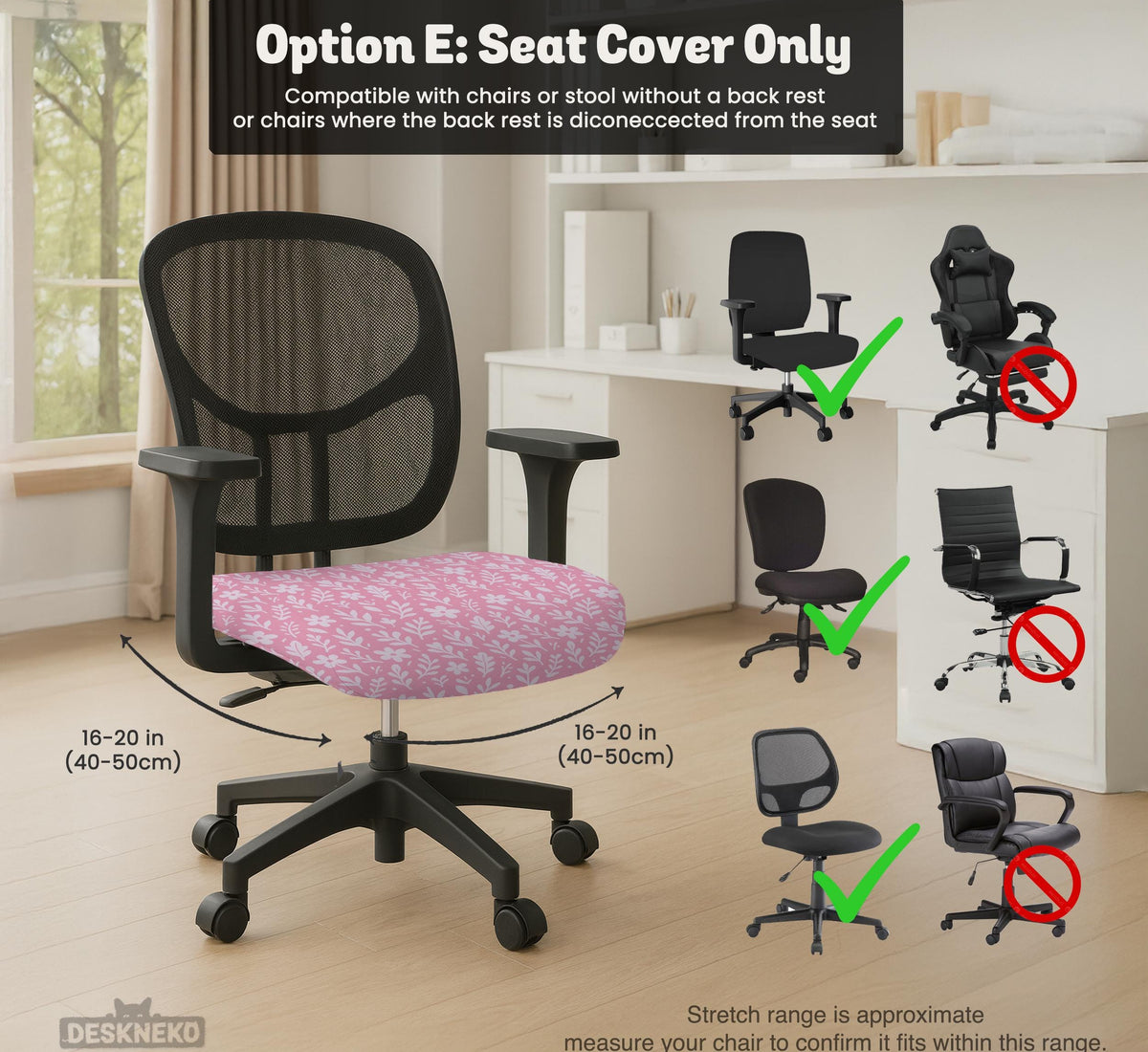 Blush pink chair cover with a small botanical floral pattern shown on an office chair.