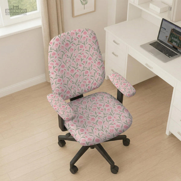 Pink chair cover with a tulip floral print shown as a desk chair slipcover, with armrest covers and size options.