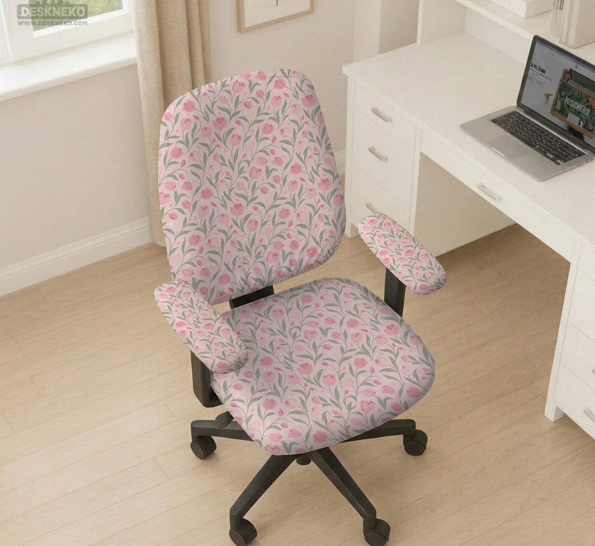 Pink floral stretch chair cover with a tulip pattern shown on a high-back gaming or office chair.