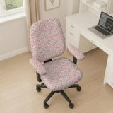 Pink floral stretch chair cover with a tulip pattern shown on a high-back gaming or office chair.