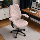 Pink floral stretch chair cover with a tulip pattern shown on a high-back gaming or office chair.