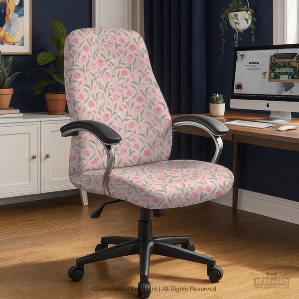 Pink chair cover with a tulip floral print shown as a desk chair slipcover, with armrest covers and size options.