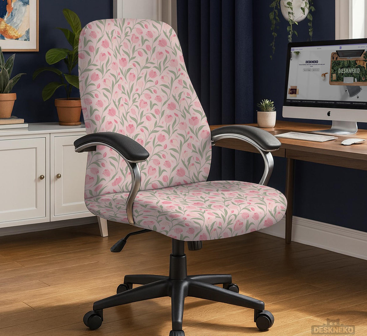 Pink floral stretch chair cover with a tulip pattern shown on a high-back gaming or office chair.