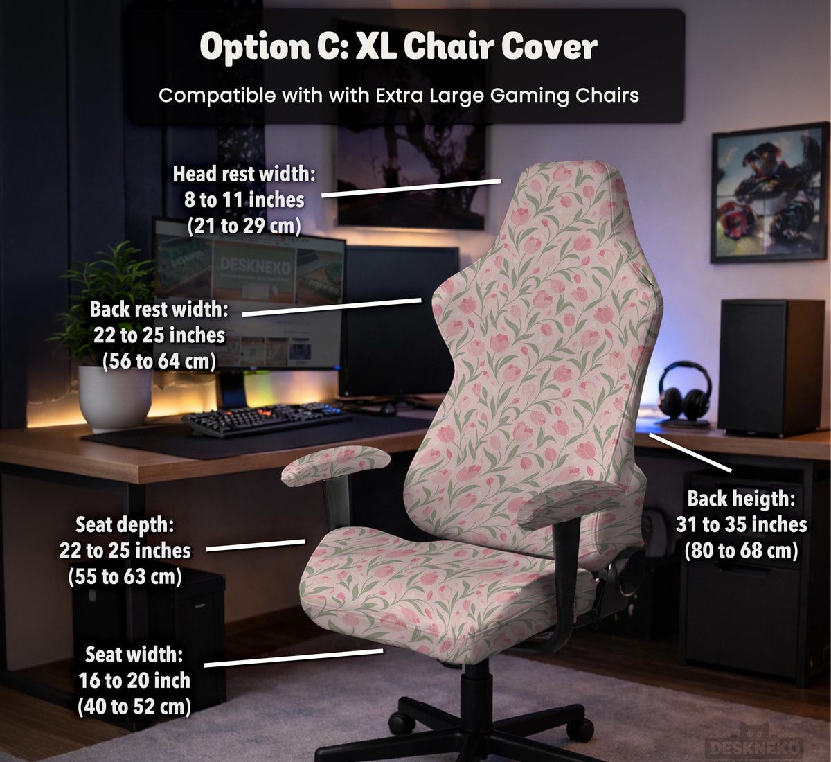 Pink chair cover with a tulip floral print shown as a desk chair slipcover, with armrest covers and size options.