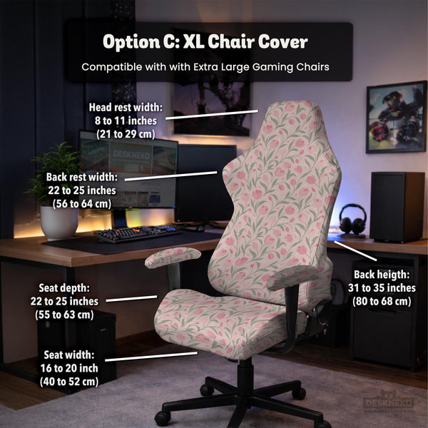 Pink chair cover with a tulip floral print shown as a desk chair slipcover, with armrest covers and size options.