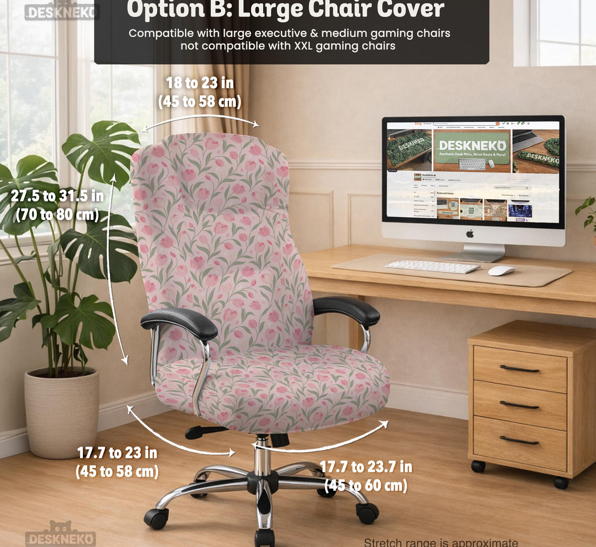 Pink chair cover with a tulip floral print shown as a desk chair slipcover, with armrest covers and size options.