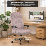 Pink chair cover with a tulip floral print shown as a desk chair slipcover, with armrest covers and size options.