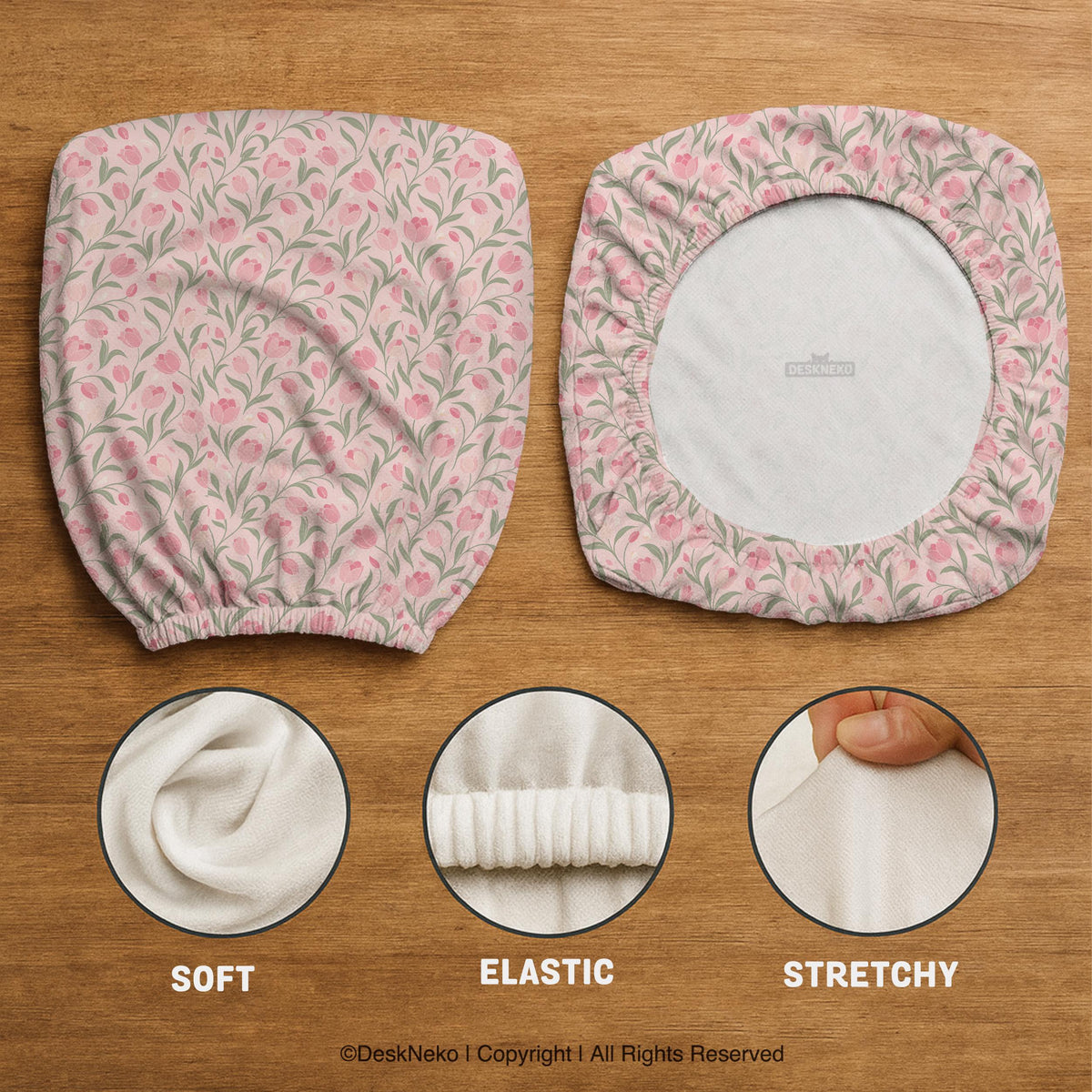 Pink chair cover with a tulip floral print shown as a desk chair slipcover, with armrest covers and size options.