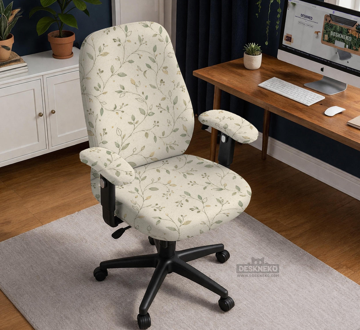 Cream floral chair covers with muted sage leaves and fine vine details on an ivory background, shown as multiple slipcover options for chair backs, seats, and armrests.