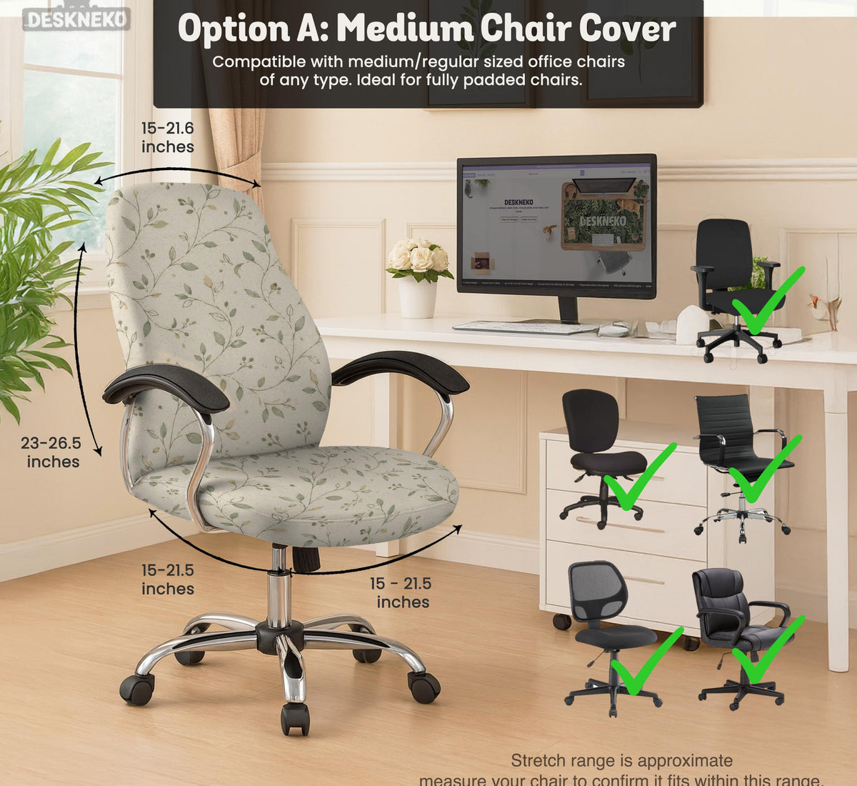 Cream floral chair covers with muted sage leaves and fine vine details on an ivory background, shown as multiple slipcover options for chair backs, seats, and armrests.