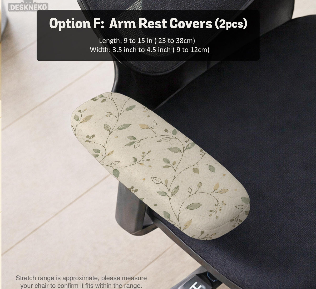 Cream floral chair covers with muted sage leaves and fine vine details on an ivory background, shown as multiple slipcover options for chair backs, seats, and armrests.