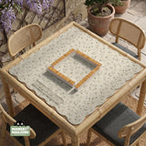 Sage green mahjong mat with vine and botanical artwork in cream neutral tones, shown in a cottagecore style with a tablecloth-style format.