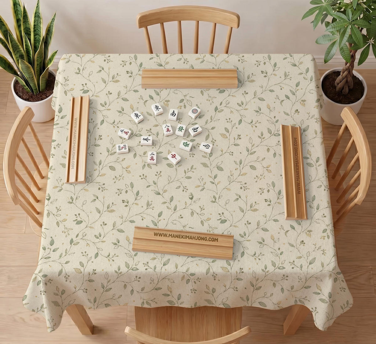 Sage green mahjong mat with vine and botanical artwork in cream neutral tones, shown in a cottagecore style with a tablecloth-style format.
