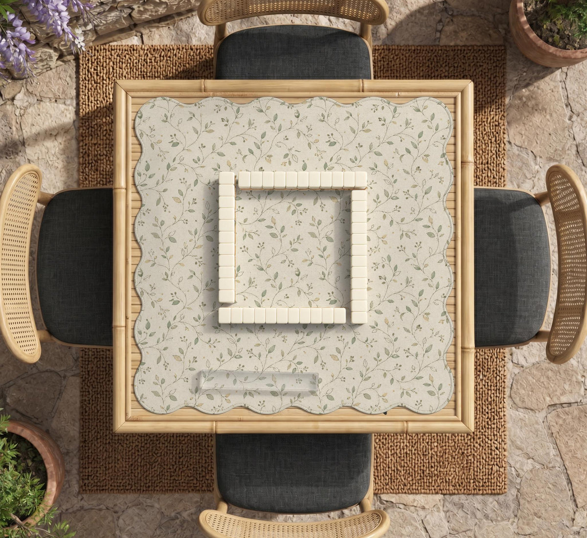 Sage green mahjong mat with vine and botanical artwork in cream neutral tones, shown in a cottagecore style with a tablecloth-style format.