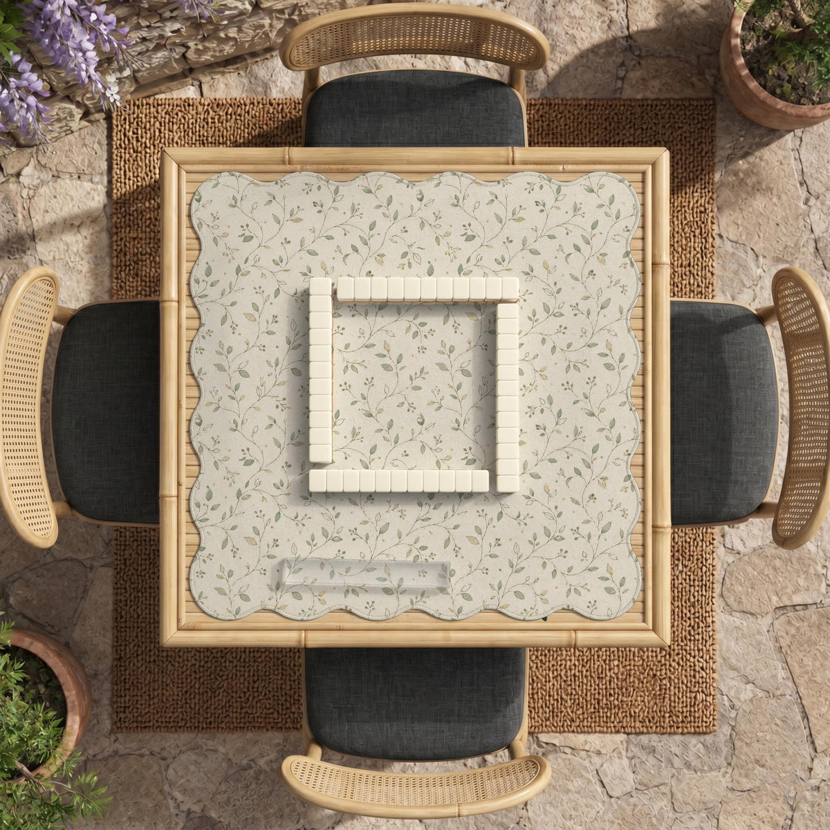 Sage green mahjong mat with vine and botanical artwork in cream neutral tones, shown in a cottagecore style with a tablecloth-style format.