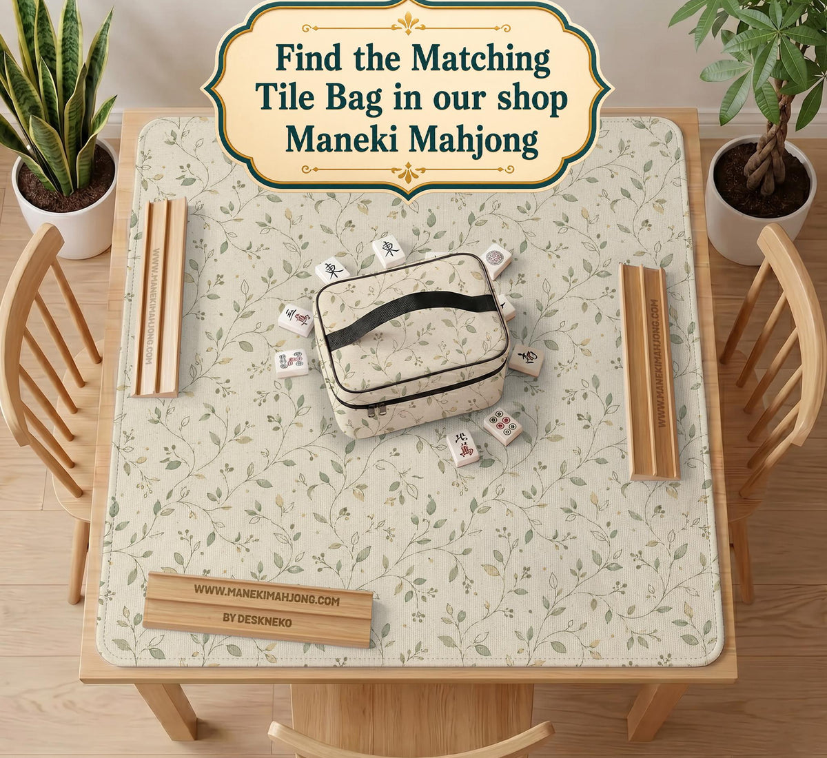 Cream square mahjong mat with a sage vine and leaf botanical pattern and scalloped edges.
