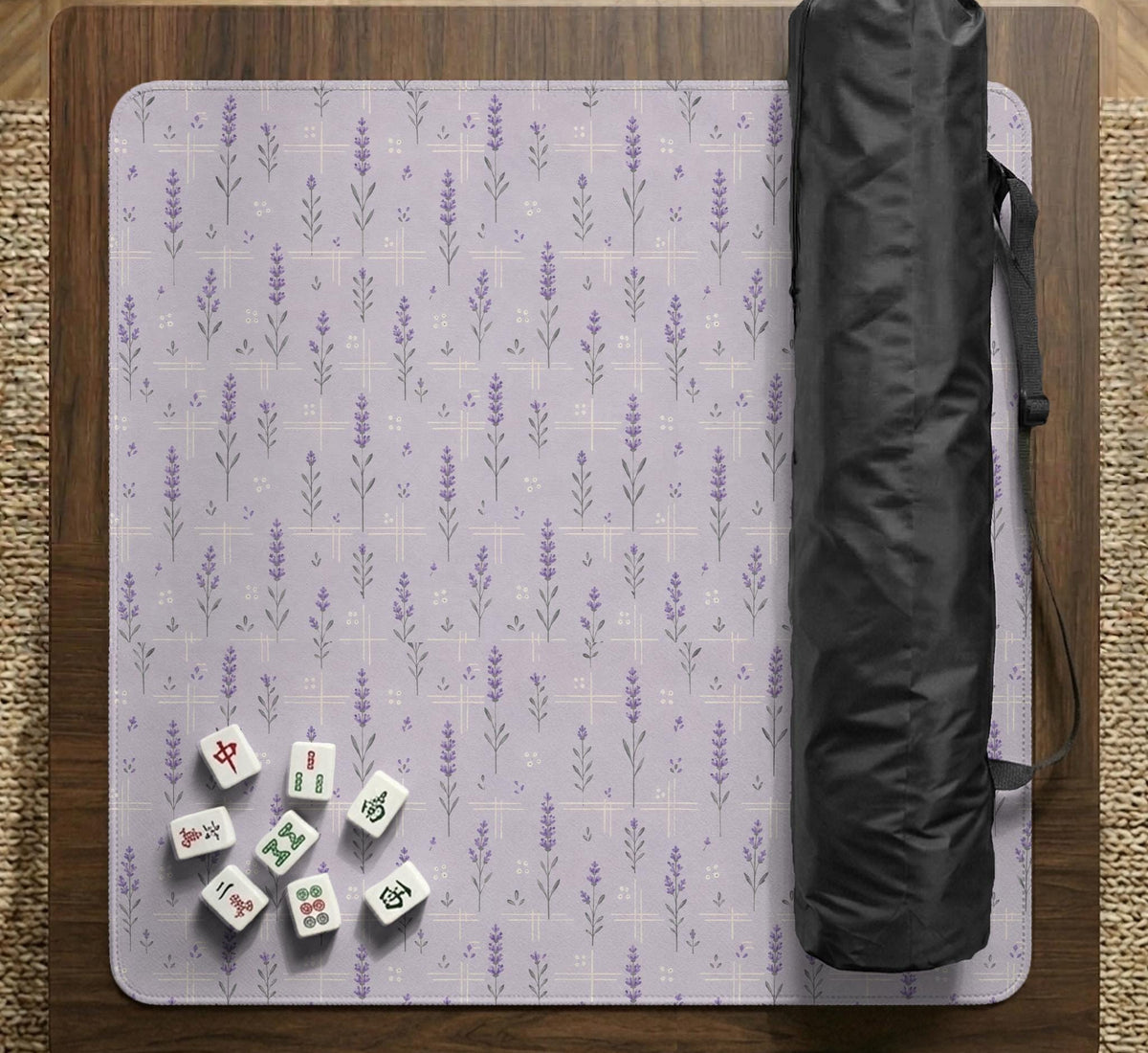 Lavender mahjong mat with a pale purple background, small botanical sprigs, and fine grid lines.