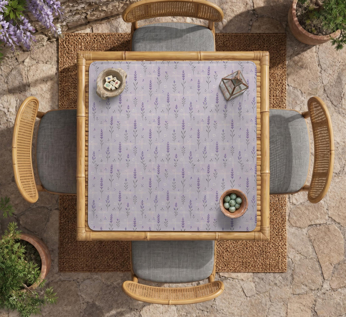 Lavender mahjong mat with a pale purple background, small botanical sprigs, and fine grid lines.