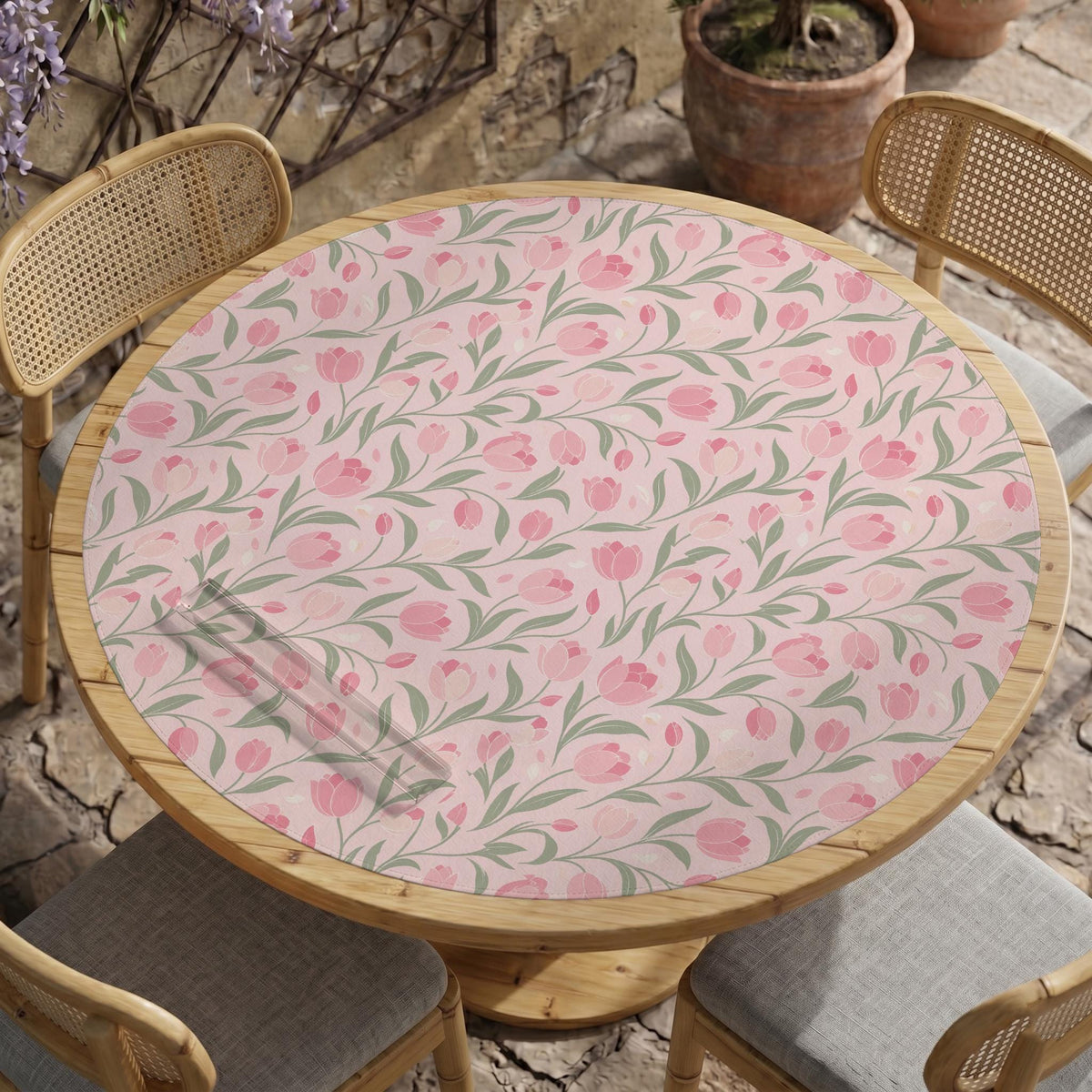 Pink mahjong mat with a botanical tulip floral pattern in blush tones, shown in a tablecloth-style square layout.