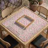 Pink mahjong mat with a botanical tulip floral pattern in blush tones, shown in a tablecloth-style square layout.