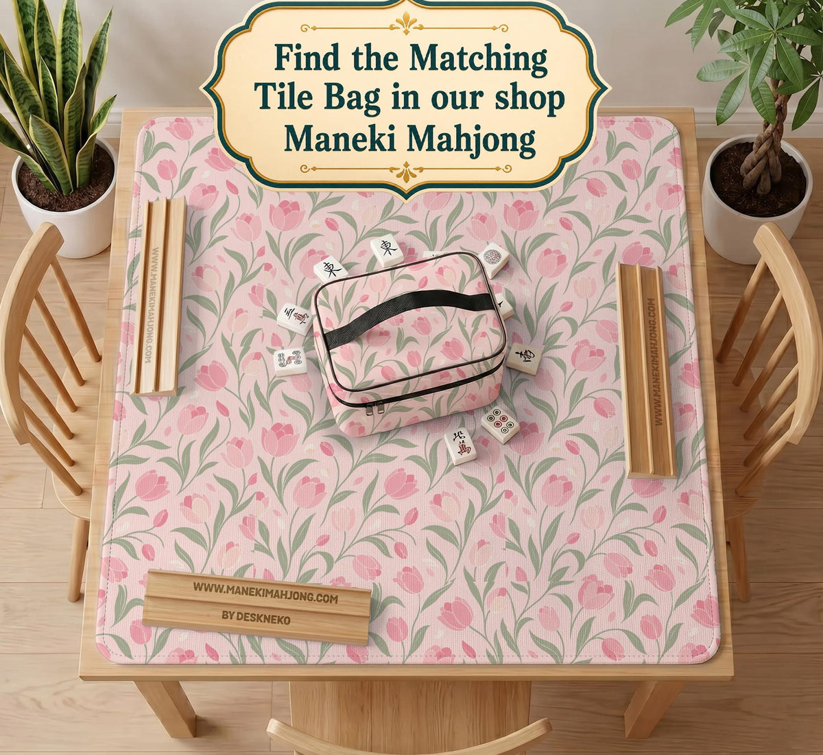 Pink mahjong mat with a botanical tulip floral pattern in blush tones, shown in a tablecloth-style square layout.
